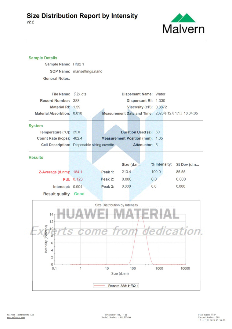 Size Distribution Report of HfB2(D50=184.1nm)2020.12.17_00